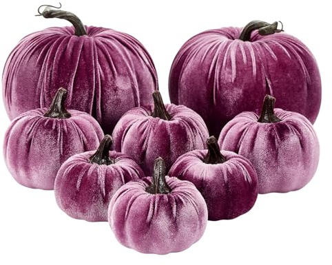 Kouoybt Velvet Pumpkins - 8pcs Artificial Faux Pumpkins for Halloween, Thanksgiving & Autumn Harvest Home Decor (Purple)