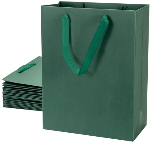 SEECGOO Bolsas de regalo verde oscuro con asas, 12 bolsas de regalo de papel de tamaño mediano, bolsas de embalaje verdes para celebraciones, cumpleaños, envoltorios de regalo, bolsas de regalo