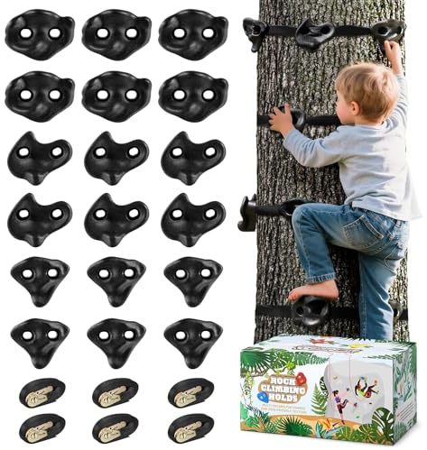TOPNEW 18PCS Ninja Tree Climbing Holds and 6 Sturdy Ratchet Straps for Kids Tree Climbing, Large Climbing Rocks for Outdoor Ninja Warrior Obstacle Course Training