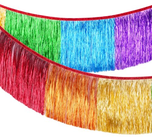 G2PLUS 1.5m Rainbow Fringe Garland, 20cm Sparkly Tinsel Fringe