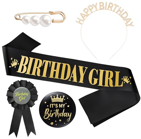 5Pcs Birthday Sash Tiara and Badge Set for Women Girls Black Gold Birthday Accessories with Rhinestone Crown,Satin Party Sash and Pin,badge Perfect Party Decorations Gifts