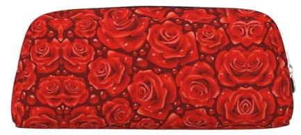 Many Red Roses Printing Leather Pencil Pouch Pen Case Elegant and Practical Bag for Students Perfect for Office School