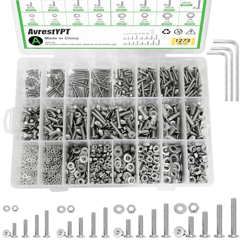 1270Pcs 410 Stainless Steel M2 M3 M4 M5 Screw Kit - 3D Printer Mini Screw, Allen Head/Flat Head/Countersunk Bolt/Screws, Metric Bolts Assortment, Silver Nuts and Bolts for Mechanical Hardware