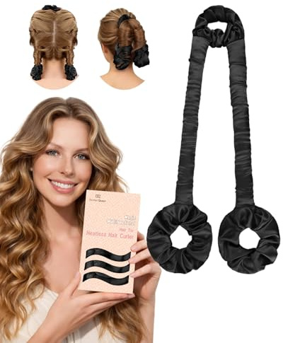 BONNET QUEEN Polifunzionale Bigodini Morbidi per Dormire, Arricciacapelli Senza Calore per la Notte, Satin Bigodino Lungo per Boccoli, Heatless Curls Hair Curler con 3 Scrunchies, Nero