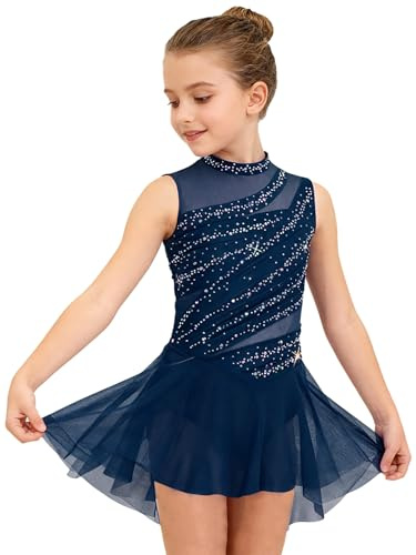 XUNZOO Fille Robe De Ballet Patinage Artistique pour Enfant Costume Robe De Danse Lyrique Latin Jazz Cours Gymnastique Bleu Marine 9-10 Ans