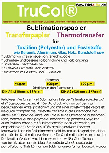 100 x SUBLIMATIONSPAPER/termisk överföringspapper DIN A3 för skjortor, kepsar, koppar, musmattor. Utmärkt överföringskvalitet, färgborttagning och färgmättnad, snabbtorkande, torkbeständig