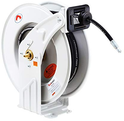 ReelWorks Oil Hose Reel Retractable 1/2 Inch x 50' Foot Long Premium Commercial SAE100R1AT Hose Max 2320 PSI Industrial Dual Arm Steel Construction