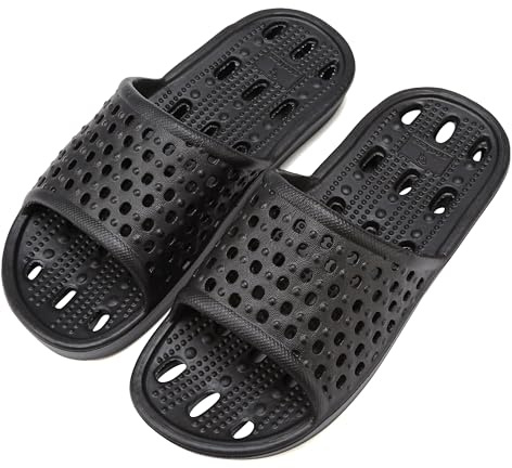 clootess Shower Shoes Slide for Men and Women Holes Bath Slipper Bathroom Sandal Pool Gym College Dorm Non-Slip Black 44.45