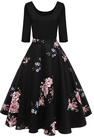 AXOE Damen 50er Jahre Kleid Rockabilly Herbstkleid Festkleid 3/4 Ärmel Farbe 4, Gr.46, 3XL