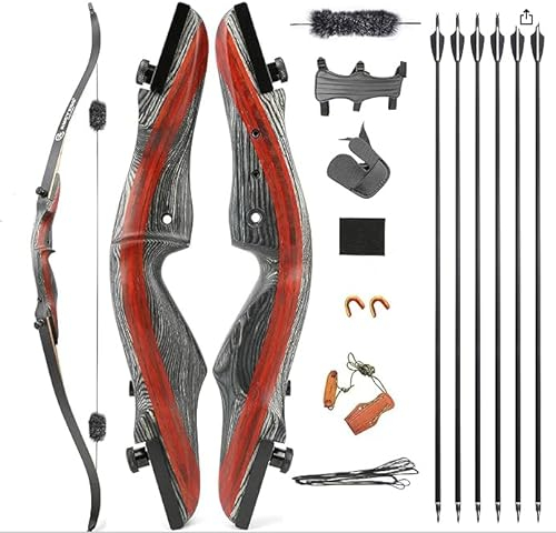 AMEYXGS Takedown Recurve Bogen und Pfeil Set 62 Zoll Bogenschießen Jagdbogen für Jugendliche und Erwachsene 20-50lbs Traditionell Holzbogen Longbogen mit Carbonpfeile (Bogen-Set 1, 45 Lbs)