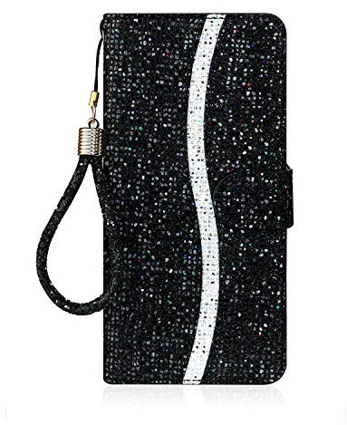 Tiyoo Phone Case for iPhone XR Flip Case Bling Glitter Sparkle Case, 3D Sequins Leather Wallet Cover with Magnetic Closure, Support Stand and Card Slots, with Lanyard Strap (Black)