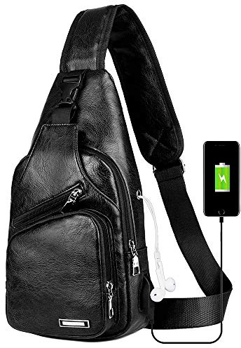 Peicees Leather Sling Bag Mens Crossbody Bag Chest Bag Sling Backpack for Men with USB Charge Port