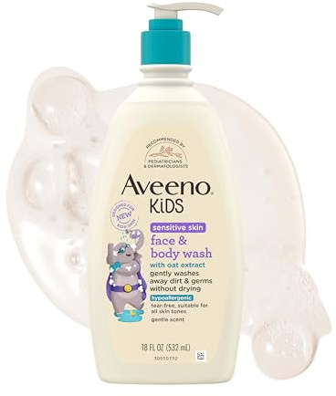 Aveeno Kids Face & Body Wash for Sensitive Skin, Oat Extract, Tear-Free, Non-Drying, Light Scent, Pump Dispenser, Hypoallergenic, Sulfate & Dye Free, 18 fl oz