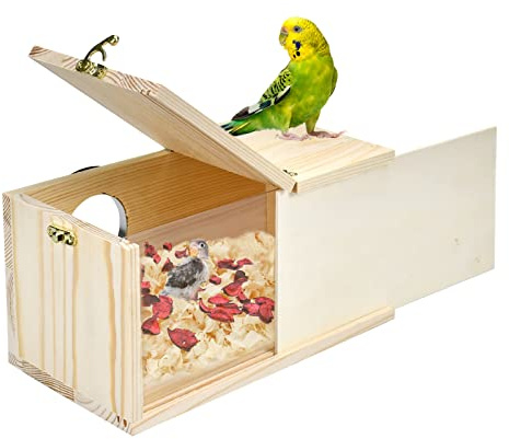 Vehomy Parrot Breeding Nest Box Parakeet Nesting Box Wood Bird Nest Breeding Box House Acrylic Transparent Bird Box with Detachable Wooden Board for Lovebirds Cockatiel Budgie Conure S