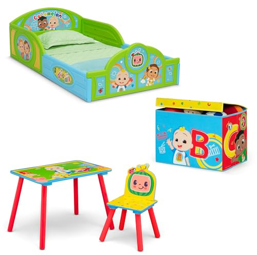Delta Children - CoComelon 4-Piece Toddler Room-in-a-Box Set – Includes Sleep and Play Toddler Bed, Table, 1 Chair and Fabric Toy Box, Green