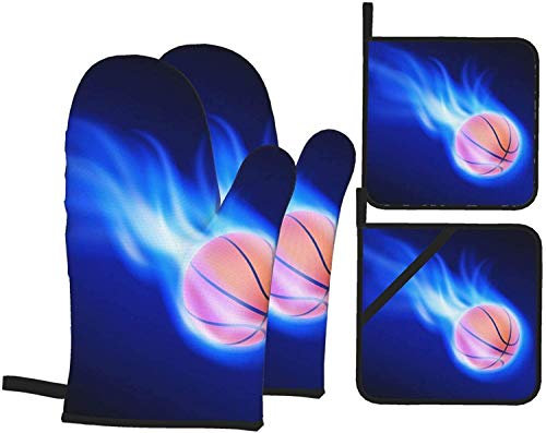 Guanti da forno e presine Set di 4 guanti da forno resistenti al calore con pallina da basket blu fuoco per cucinare grigliate
