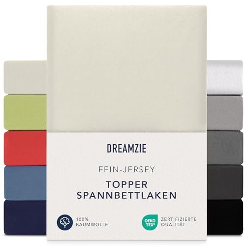 Dreamzie Premium Topper Spannbettlaken 140x200 cm - 160x200 cm - extra niedriger Seitenhöhe - für Topper - Topperauflage - Spannbetttuch Jersey Baumwolle, 150 g/m² - Oeko-TEX - Beige