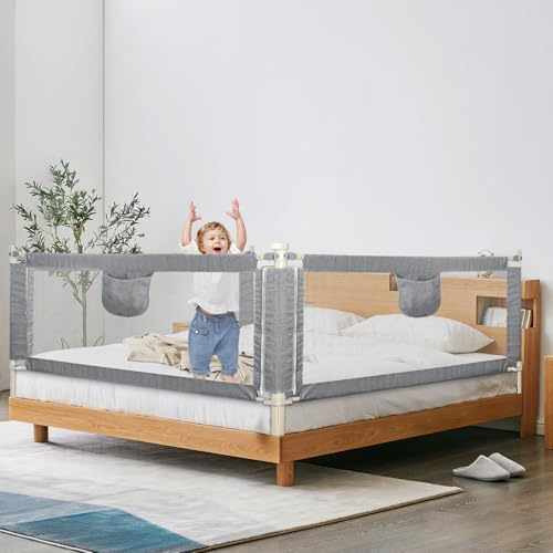 Willonin Barrière de Lit Bébé,barrière de lit à soulever verticalement, Barriere De Securite Enfant Lit,réglable en Hauteur 70-99cm,Protection Contre Les Chutes,pour Les Tout-Petits (150cm,Gris)