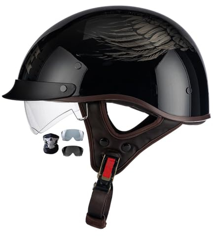 Smilfree Retro Helm Motorradhelm Jethelme Vintage Mopedhelm Mit Brille ECE Zertifiziert Motorradkreuzer-Rollerhelm Halbhelme Halbschalenhelm Motorrad Cruiser Helm Für Männer Und Frauen