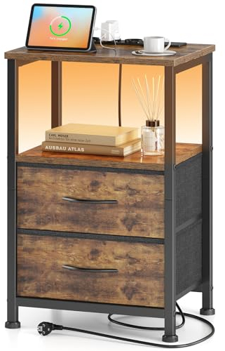 Yornoli Nachttisch mit LED & Ladefunktion, Beistelltisch mit Schublade, Nachttische mit 3 AC-Anschlüsse & 2 USB-Anschlüssen, Beistelltische fürs Wohnzimmer, Schlafzimmer, Vintage Braun