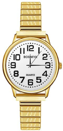 Oidea Elastic Strap Watches for Women: White Large Face Clear Number Women's Easy Reader Watch Analog Quartz Wrist Watch Waterproof Ladies Watch Stainless Steel Expansion Band