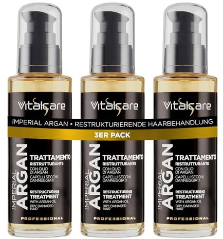 Vitalcare | Imperial Argan - Trattamento Capelli Ristrutturante con Olio d'Argan, Olio di Lino, Oil Complex per Capelli Secchi e Danneggiati, 3 x 100 ml