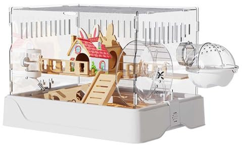 RTTZBOZ Hamsterbur - Träningshjul, Vattenflaska, Sandbadrum, Bärbara Råttburar, Hamster Habitat Small Animal Critter Inhägnad för Hamstrar, Möss, Gerbiler(White)