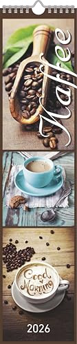 Alpha Edition - Agenda da cucina caffè 2026 – Calendario a righe 11,3 x 49,5 cm con idee per ricette e calendario tedesco, elegante calendario da parete per cucina e amanti del caffè con spazio per