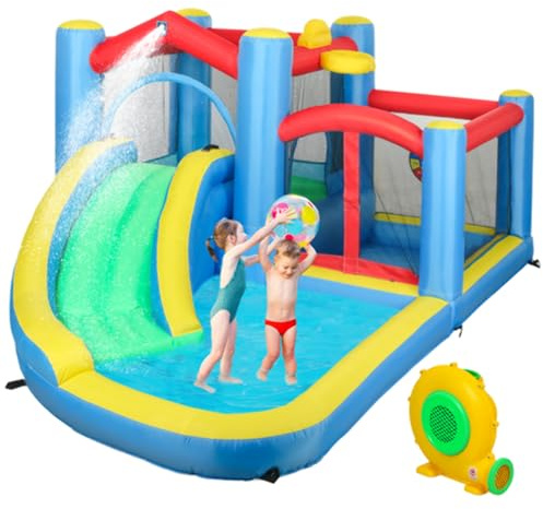 AIYAPLAY Bouncy Castle, with 550W Blower, Ages 3-8, 385 x 290 x 180 cm | Inflatable Bounce House, Basketball Hoop, Long Slide, Dart Board, Carrying Bag, for Party, Park