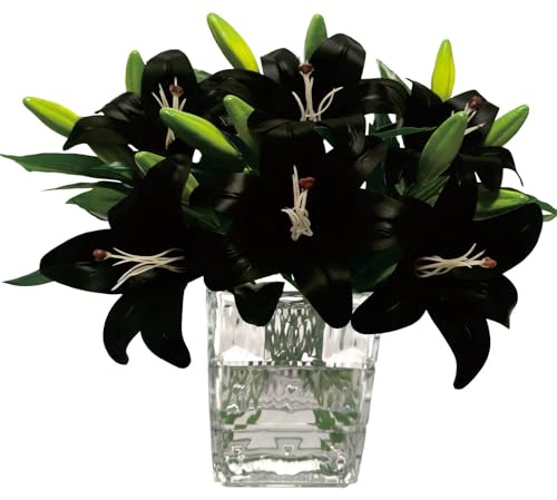 6Pcs Fake Lillies Artificial Flowers Plastic Flowers Real Touch Lily Fake Flowers Bouquets Arrangements for Easter Spring Flowers Valentine’s Day Mother's Day Flower Gifts Home Table Decor(Black)