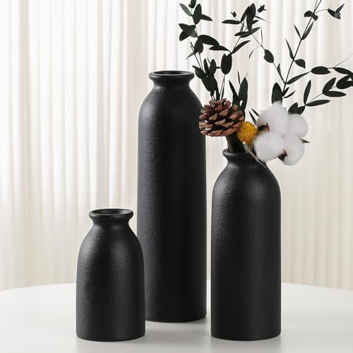 Moderno juego de jarrones de cerámica, 3 piezas, jarrones decorativos en diferentes tamaños (negro)