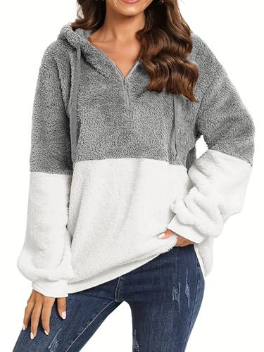 Vossmi Felpe con Cappuccio da Donna Maglione Oversize Felpa in Pile Maniche Lunghe Sweatshirt Peluche Calda Casual Pullover Elegante Coulisse Invernale Bianco grigiastro,L