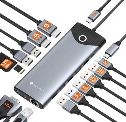 NOVOO 10Gbps Dockingstation Laptop Triple Display, 15 in 1 Docking Station USB C Hub Adapter mit Zwei 4K@60Hz HDMI,VGA,Gigabit Ethernet,100W PD, 7 USB-A+1C Datenports,SD/TF und EIN/Aus Taste