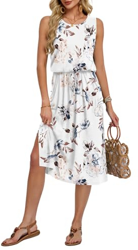 AUSELILY Robe d'été Mi Longue Femme sans Manches Robe Fluide Casual Légère avec Fente Devant et Poches Chic Élégant pour Été