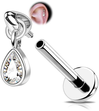 OUFER Internally Threaded Tragus Stud with Teardrop CZ Pendant – 16G Surgical Steel Helix Earring, Lip Piercing Jewelry, 8mm/6mm Bar, Gold & Steel Finish