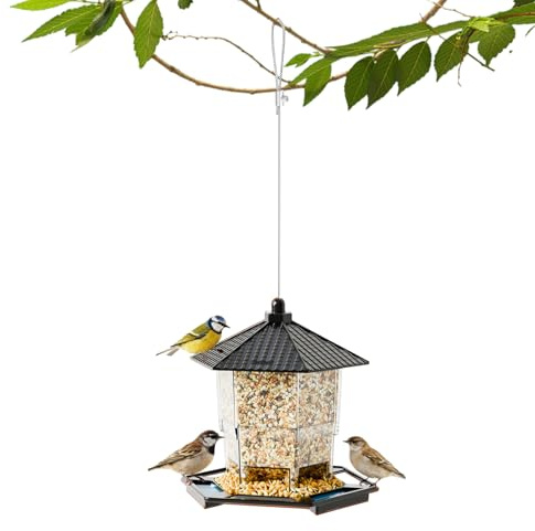 Mangeoires à Oiseaux pour Extérieur | Distributeur de Nourriture Suspendu et Rechargeable | Mangeoire Sauvage Anti-Écureuils avec Plateau Perchoir - pour Nourrir Les Oiseaux et Les Animaux dans Les