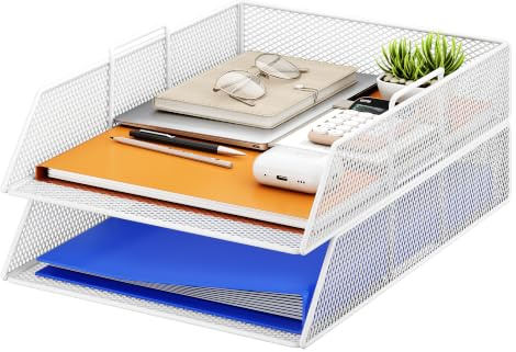 VITVITI 2 Tier Stackable Letter Tray for Office Tidy, Desk Paper Organizer File Trays for Office Desk Accessories, Paper Letter Accessories with Pen Holder - White
