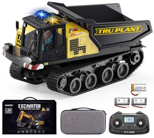 Womaqu Camion-Benne RC sur chenilles 1:50 avec Benne à Levage par vis | Châssis métallique, rotation continue, accélération proportionnelle, télécommande LCD 2,4 GHz, 2 batteries, dès 6 ans adultes