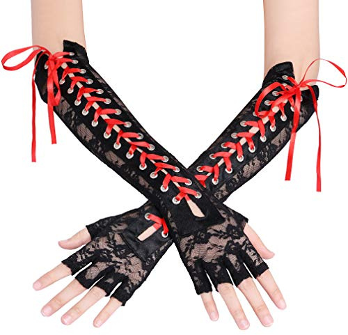 Coucoland Lace Up Gloves Long Fingerless Gloves BlackRed