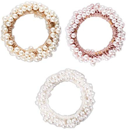 3 PCS Pearl Hair Scrunchies, Elegant Ponytail Holders for Women and Girls, Stretchy Hair Ties Accessorries for Curly, Straight, Thick or Thin Hair, Perfect for Wedding, Party(Champagne, Pink, White)