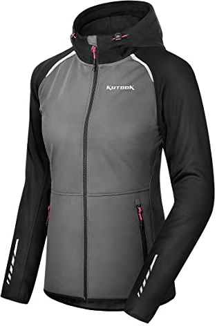 KUTOOK softshell giacca invernale a vento con cappuccio giacca da corsa caldo antivento impermeabile 2 tasche per le donne sport all'aperto vita quotidiana,L