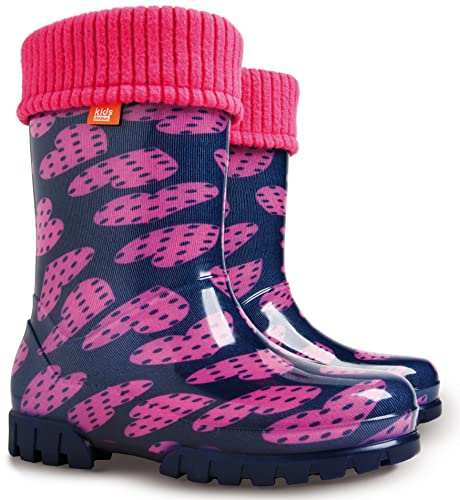 Demar Stivali di gomma per bambini e bambine, caldi, foderati in pile, unisex, Cuori a pois, 28 EU