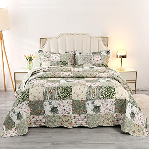 Qucover Green Floral Patchwork Bedspread King Size, Soft Lightweight Breathable Polyester Ultrasonic Quilting Bedspread Coverlet Set with 2 Pillow Shams, 230x260cm