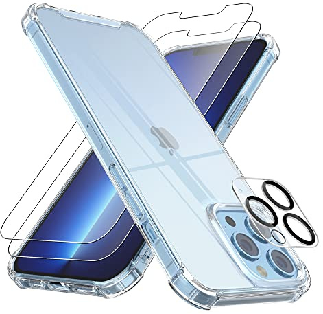 4youquality [4-in-1[ Case for iPhone 13 Pro Max Case with [2-Pack Tempered Glass Screen Protectors + 1-Pack Camera Lens Protector], Transparent Clear Bumper Phone Case for iPhone 13 Pro Max