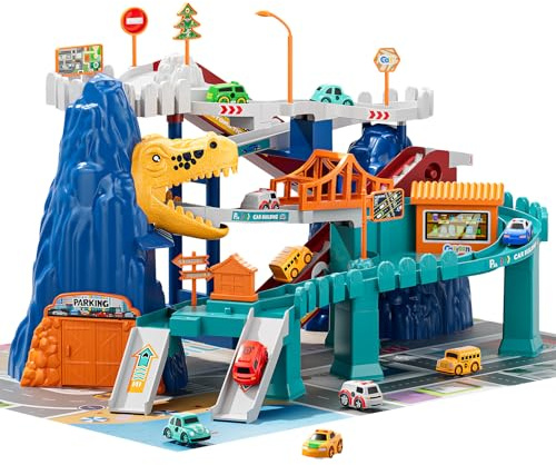 TEMI Boys Dinosaur Race Track Playset, Kids Car Garage Parking Adventure Toy with 10 Mini Cars, Educational Toy Ramp Playset for 3 4 5 7 8 Year Old Toddler Boys Preschool Girls