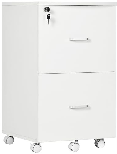 Vinsetto Cajonera de Oficina Mueble Auxiliar para Archivos con 2 Cajones Cerradura de 2 Llaves 5 Ruedas para Tamaño Carta A4 para Estudio Despacho Dormitorio 43x45x72 cm Blanco