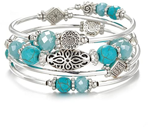 FULU AUTUMN Avvolgere il Braccialetto a Strati D'argento con Perline Bracciali Rigidi Impilabili Bohémien Gioielli Regali per La Festa Della Mamma(Turquoise2)