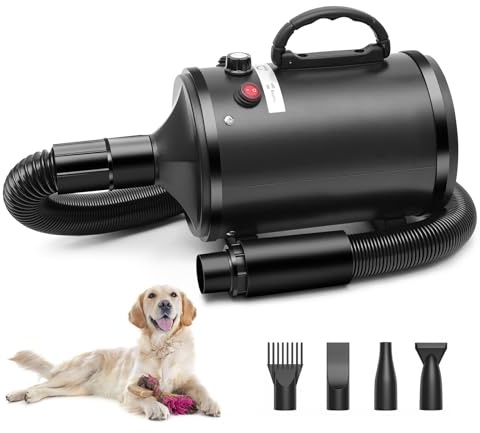 Soffiatore per Cani, Asciugacapelli per Cani Blower 2800W, Phon Cani velocità e Temperatura Regolabili, Meno Rumore asciuga cane Toelettatura Animali con 4 Ugelli per Uso Privato e Professionale