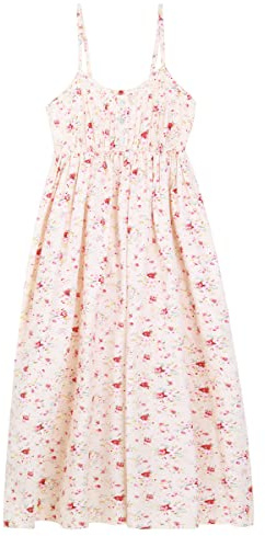 Robe à bretelles pour femme,100 % coton,Popeline,Robe de plage,Robe midi,Florale,Longue,Taille haute avec bretelles réglables,Longueur de la robe : 118 cm, A15 beige-rose avec fleurs rouges, 36-44