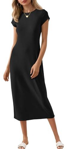 Wenrine Women's Short Sleeve T-Shirt Dress Summer Crew Neck Basic Solid Casual Long Midi Dresses Black